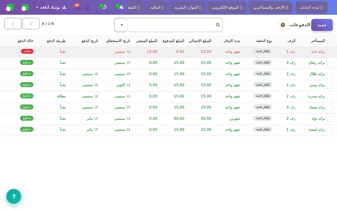 دفعات الإيجار وحالاتها.