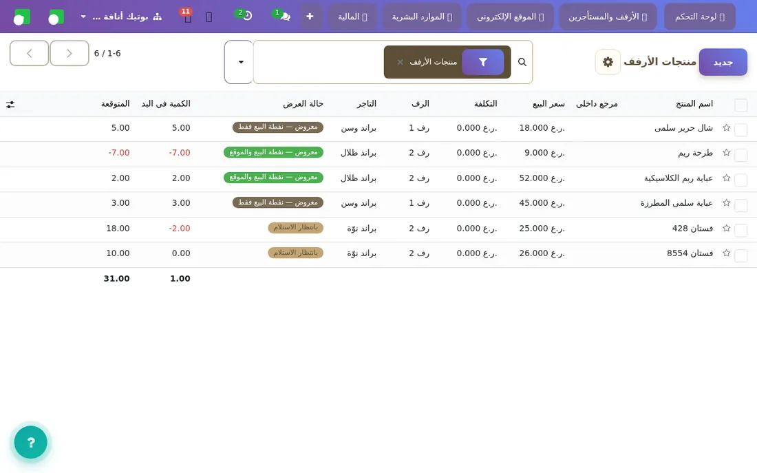 قائمة المنتجات مع الرف والتاجر وحالة البيع.