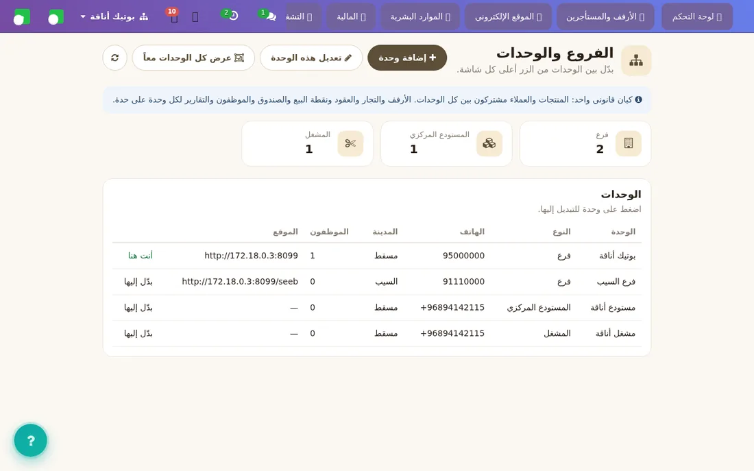 لوحة الوحدات: فروعك ومستودعك ومشغلك.