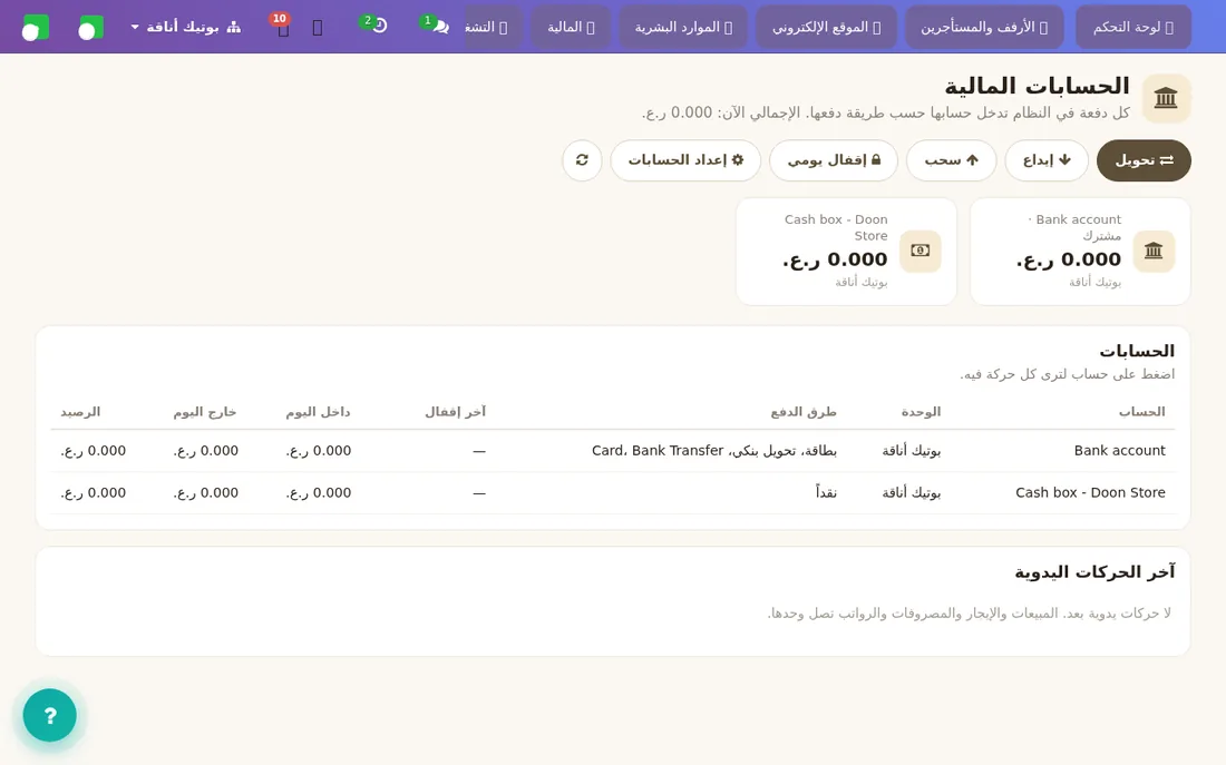 لوحة الحسابات المالية وأرصدتها.